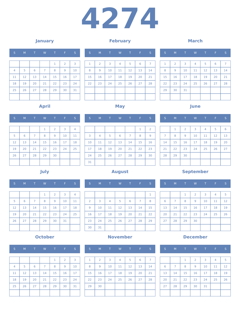 Printable 4274 Year Calendars glaucous