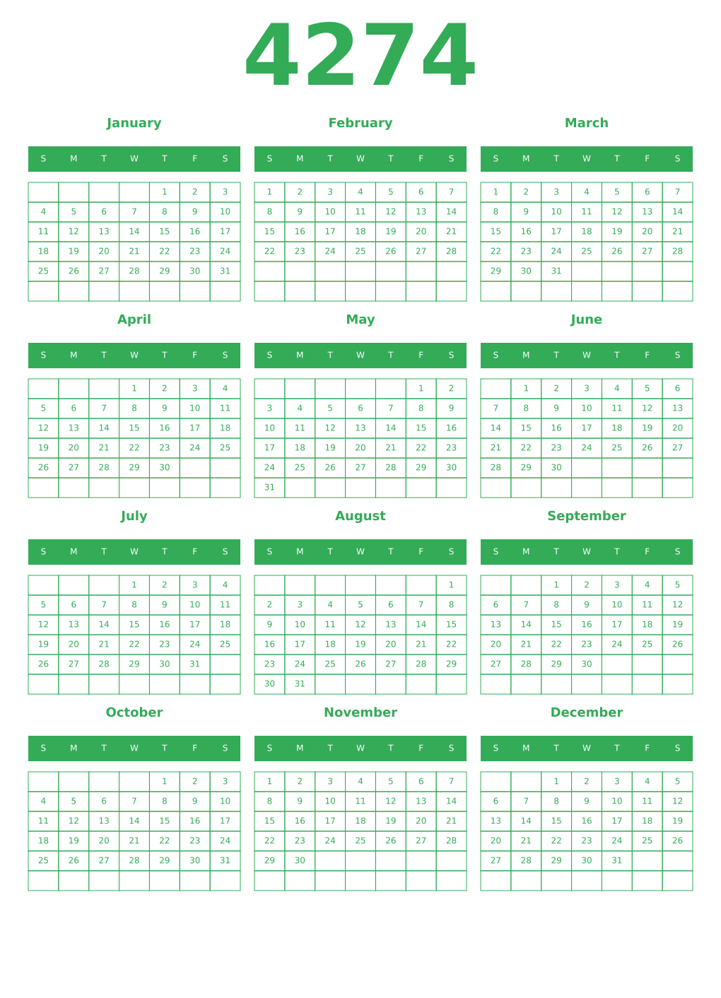 Printable 4274 Year Calendars green