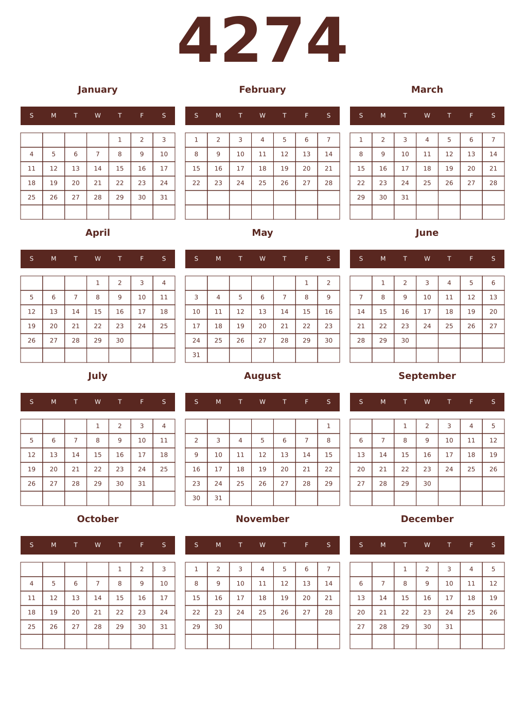 Printable 4274 Year Calendars mortuum