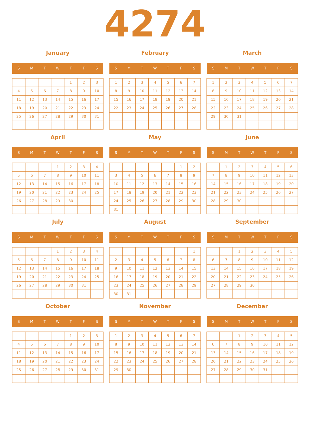 Printable 4274 Year Calendars orange