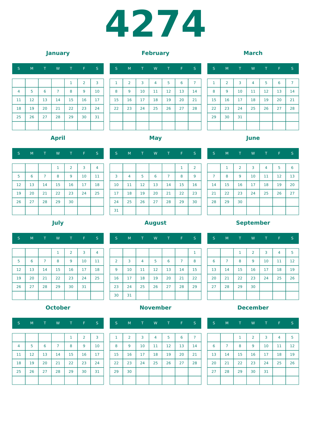 Printable 4274 Year Calendars pastel