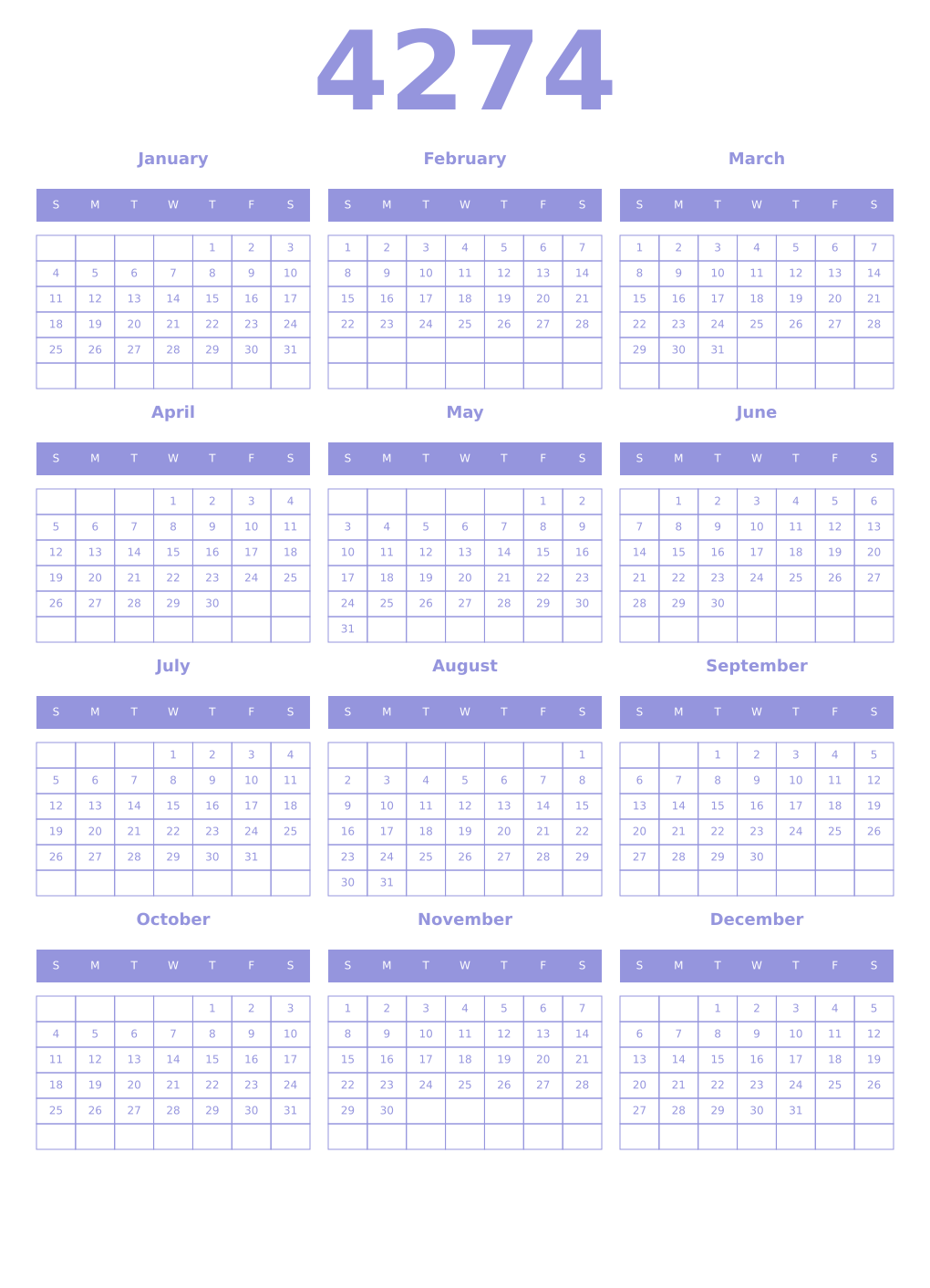 Printable 4274 Year Calendars periwinkle