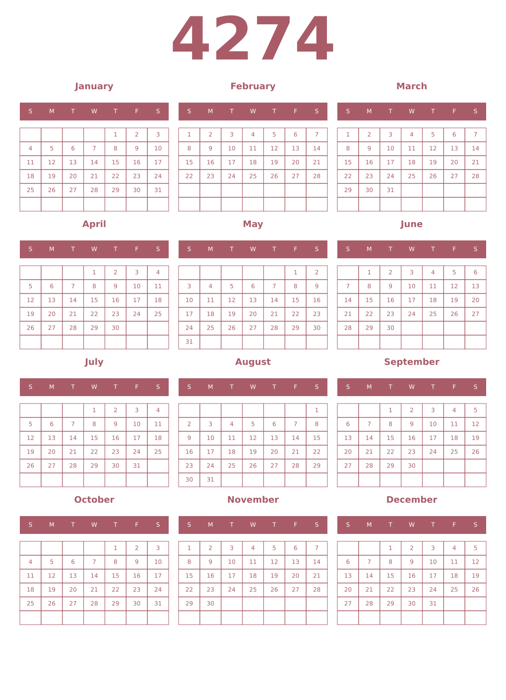 Printable 4274 Year Calendars puce