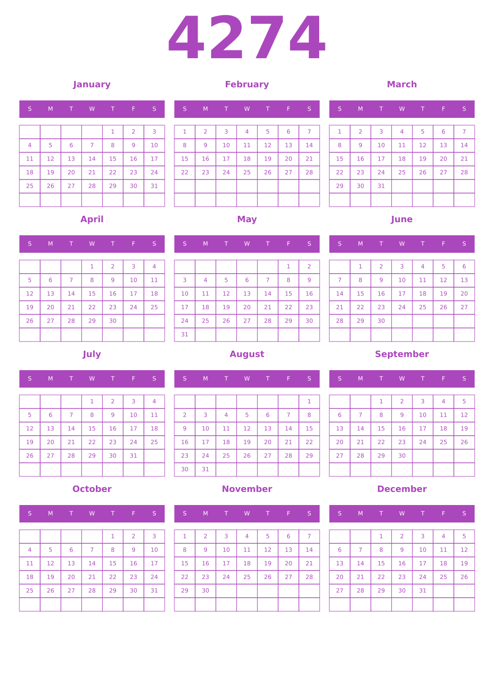 Printable 4274 Year Calendars purple