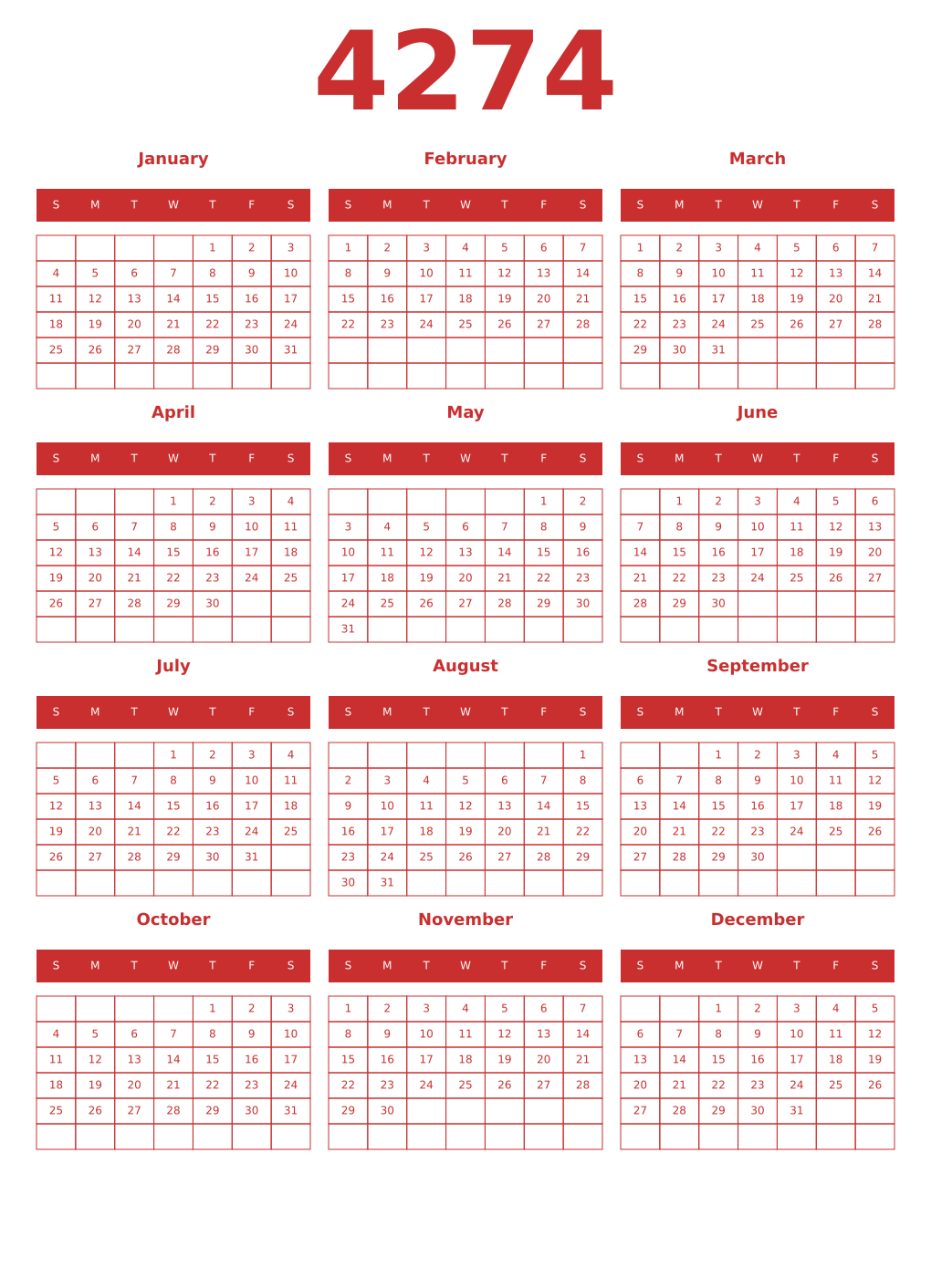 Printable 4274 Year Calendars red