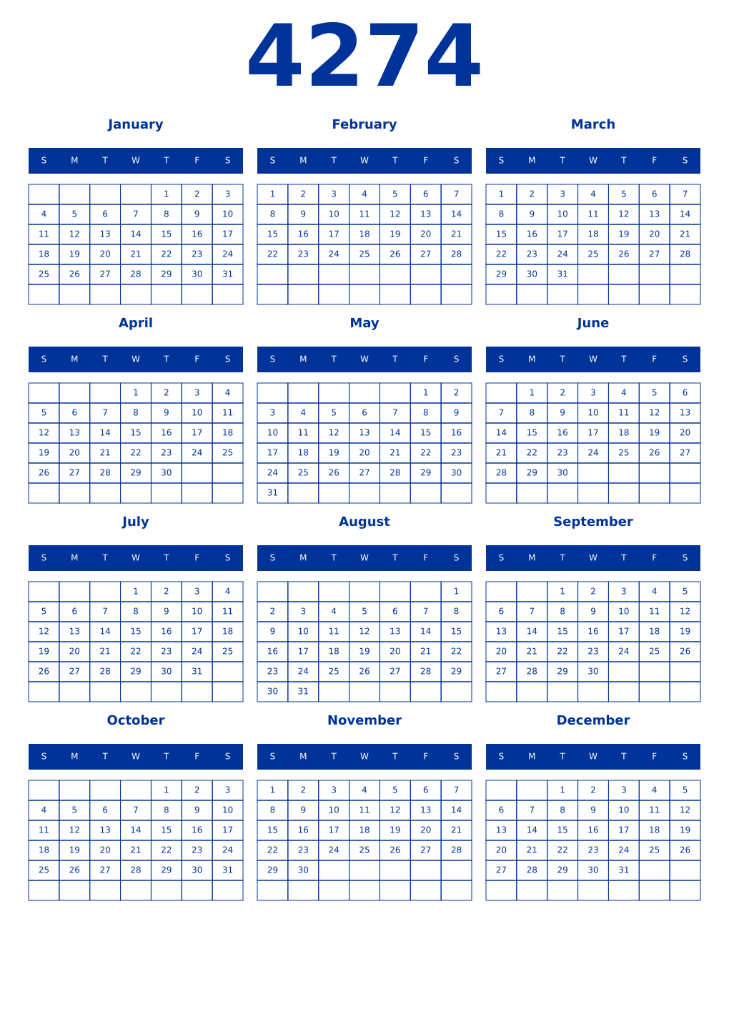 Printable 4274 Year Calendars smalt