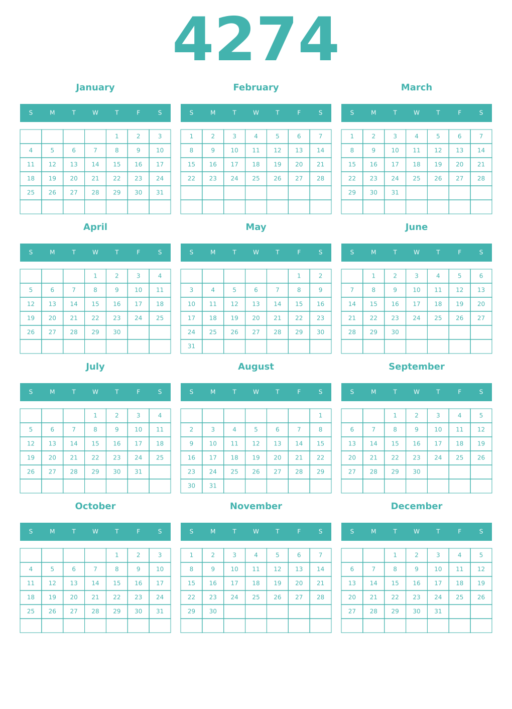 Printable 4274 Year Calendars verdigris