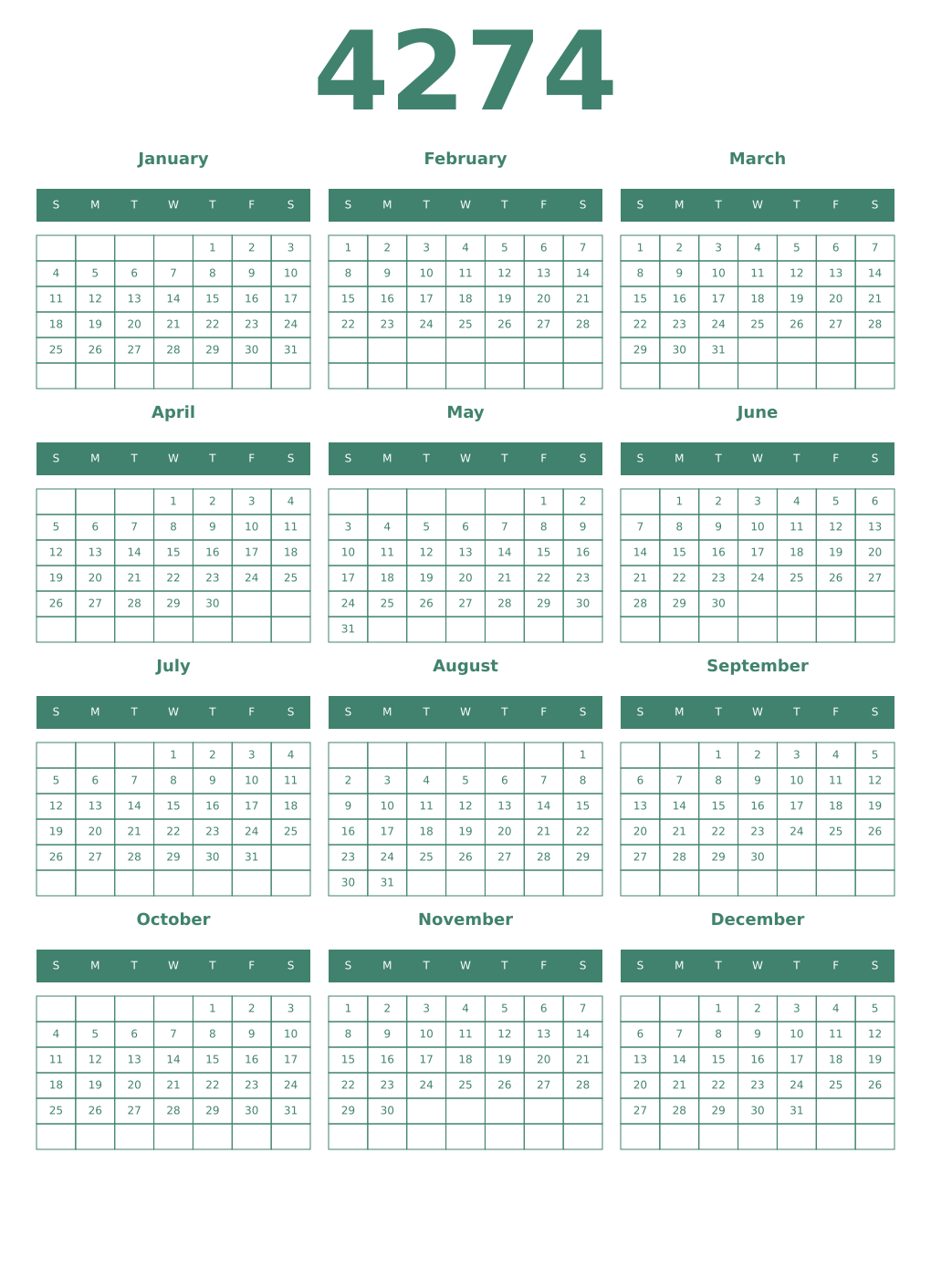 Printable 4274 Year Calendars viridian
