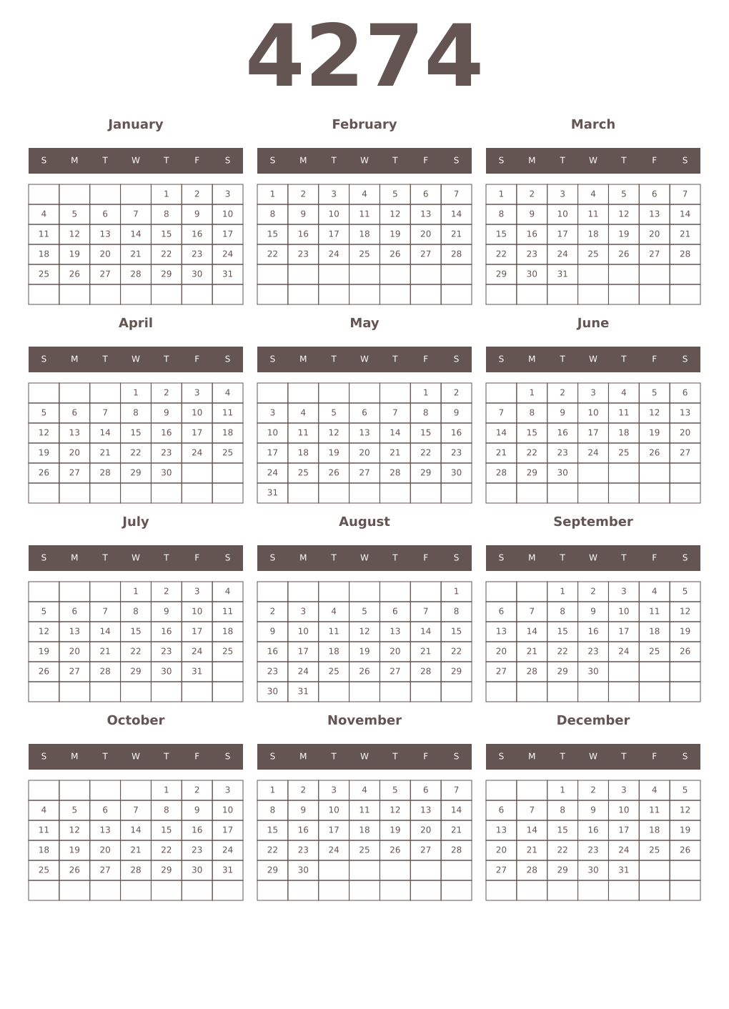 Printable 4274 Year Calendars wenge