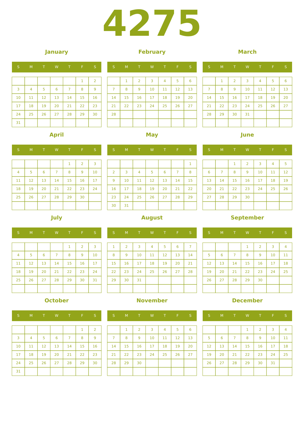 Printable 4275 Year Calendars chartreuse