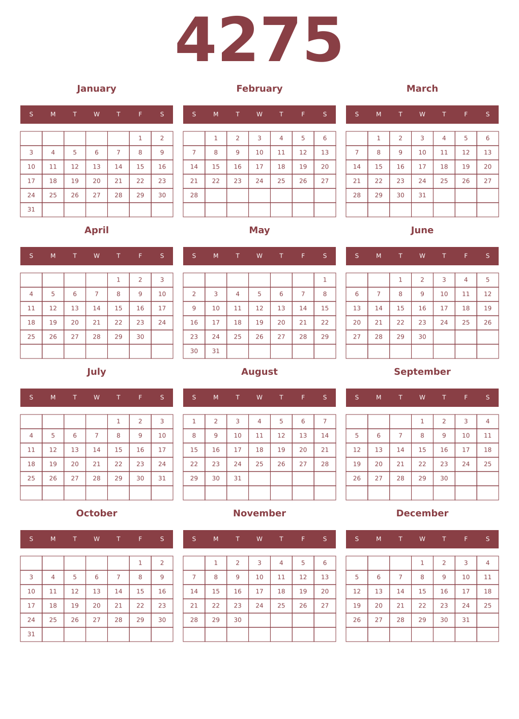 Printable 4275 Year Calendars cordovan