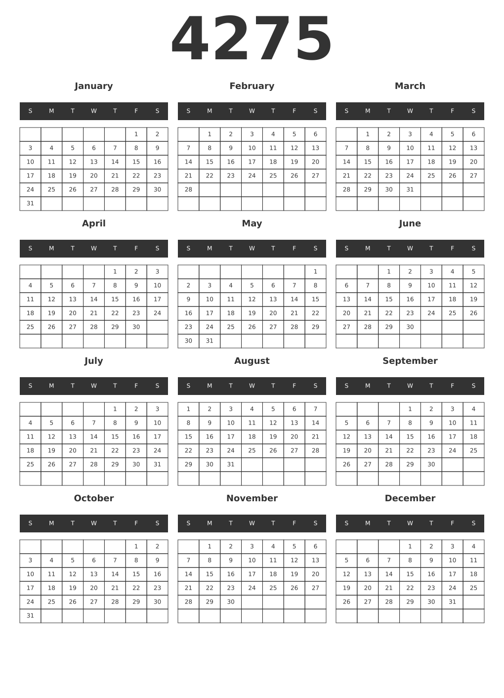 Printable 4275 Year Calendars dark