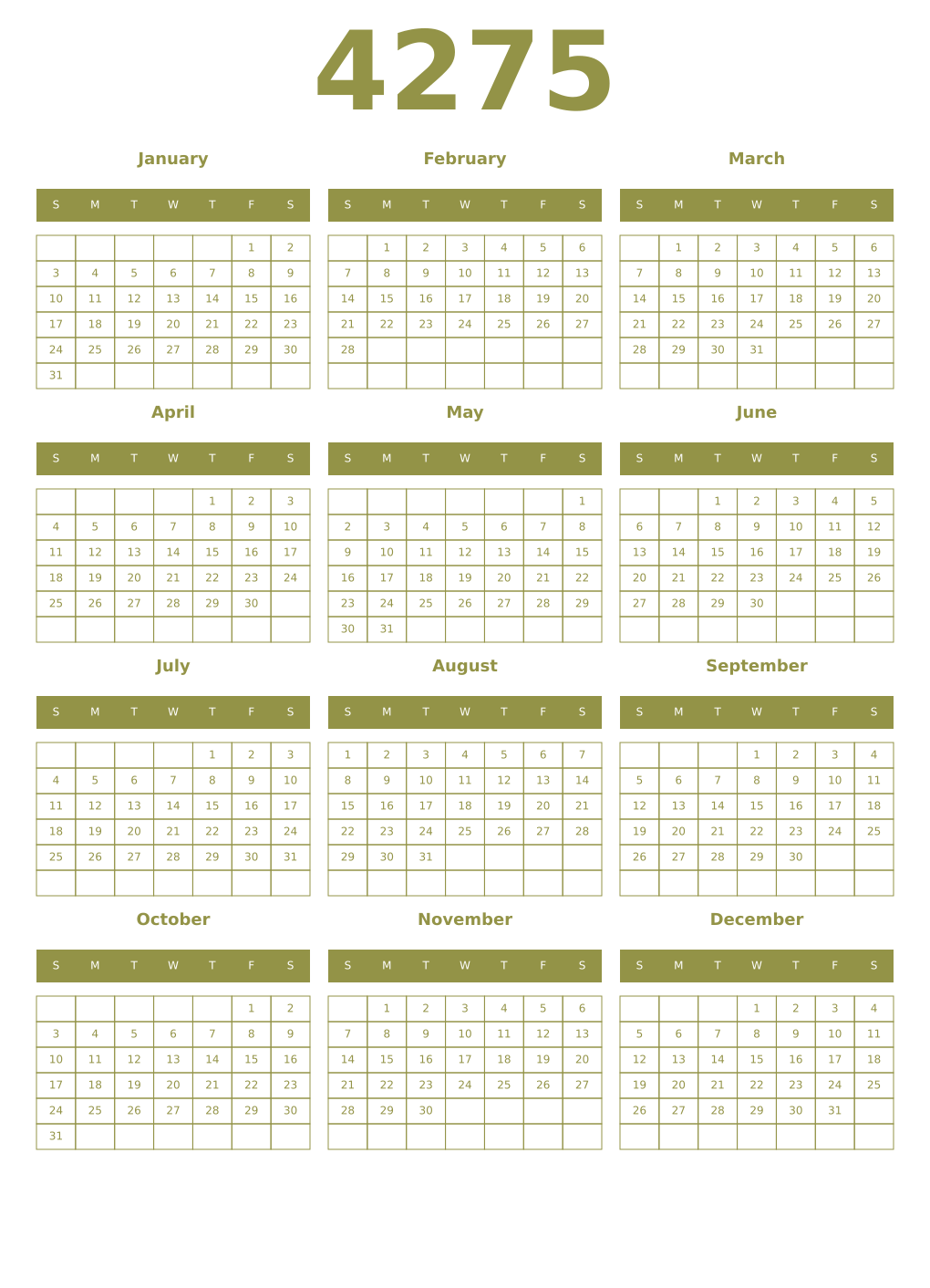 Printable 4275 Year Calendars eburnean