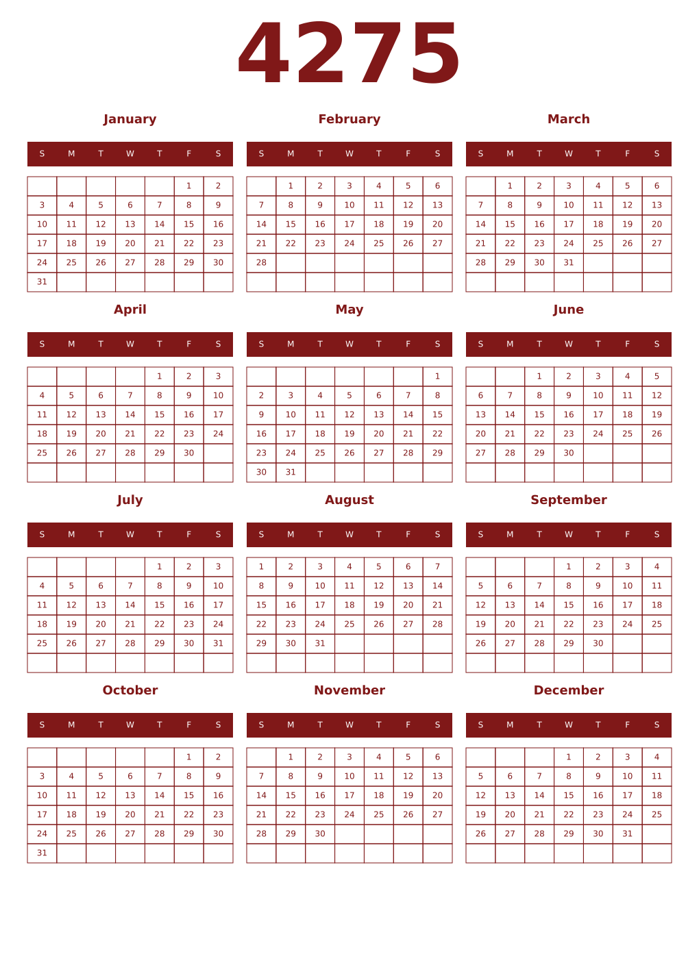 Printable 4275 Year Calendars falu