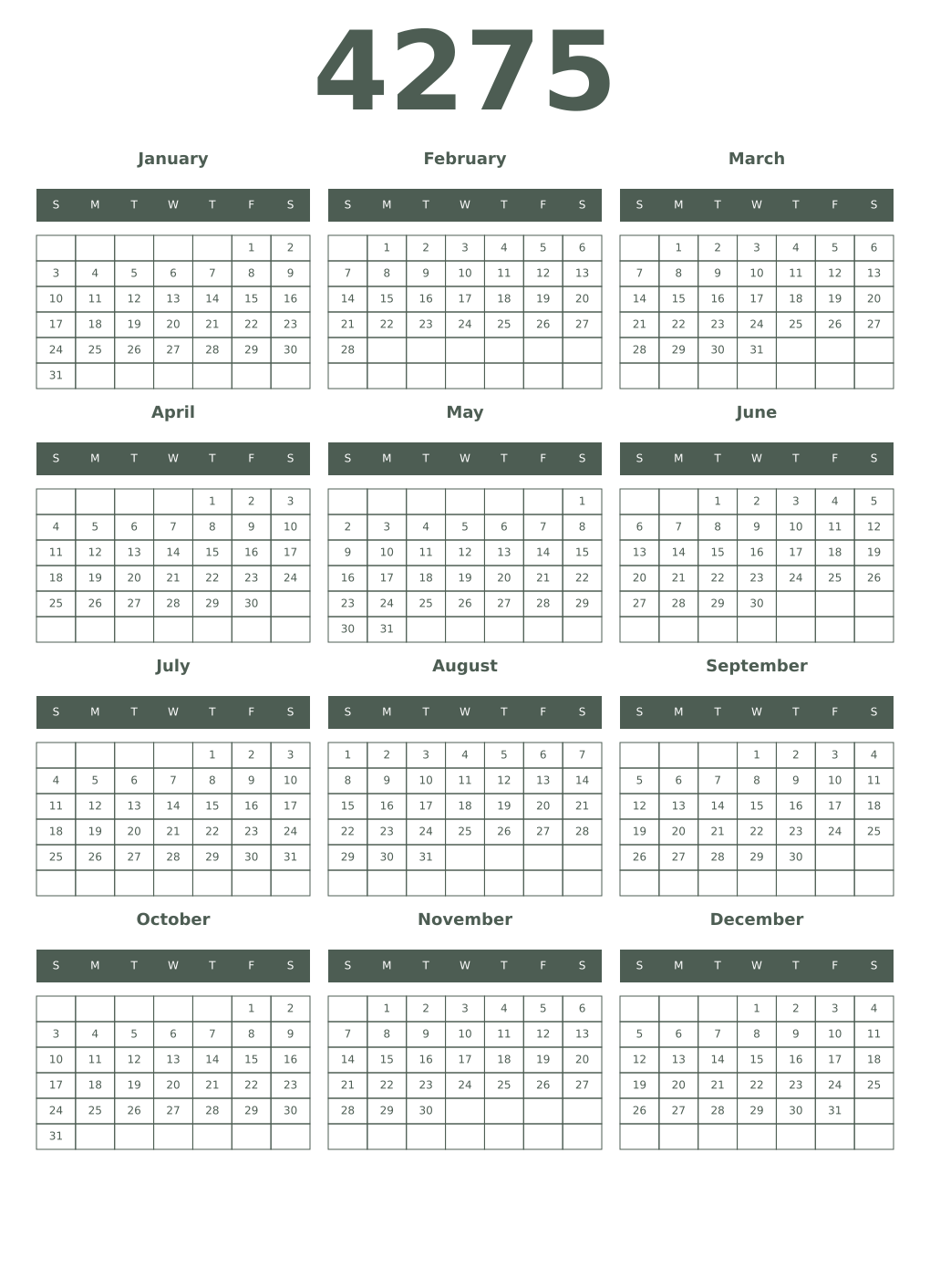 Printable 4275 Year Calendars feldgrau