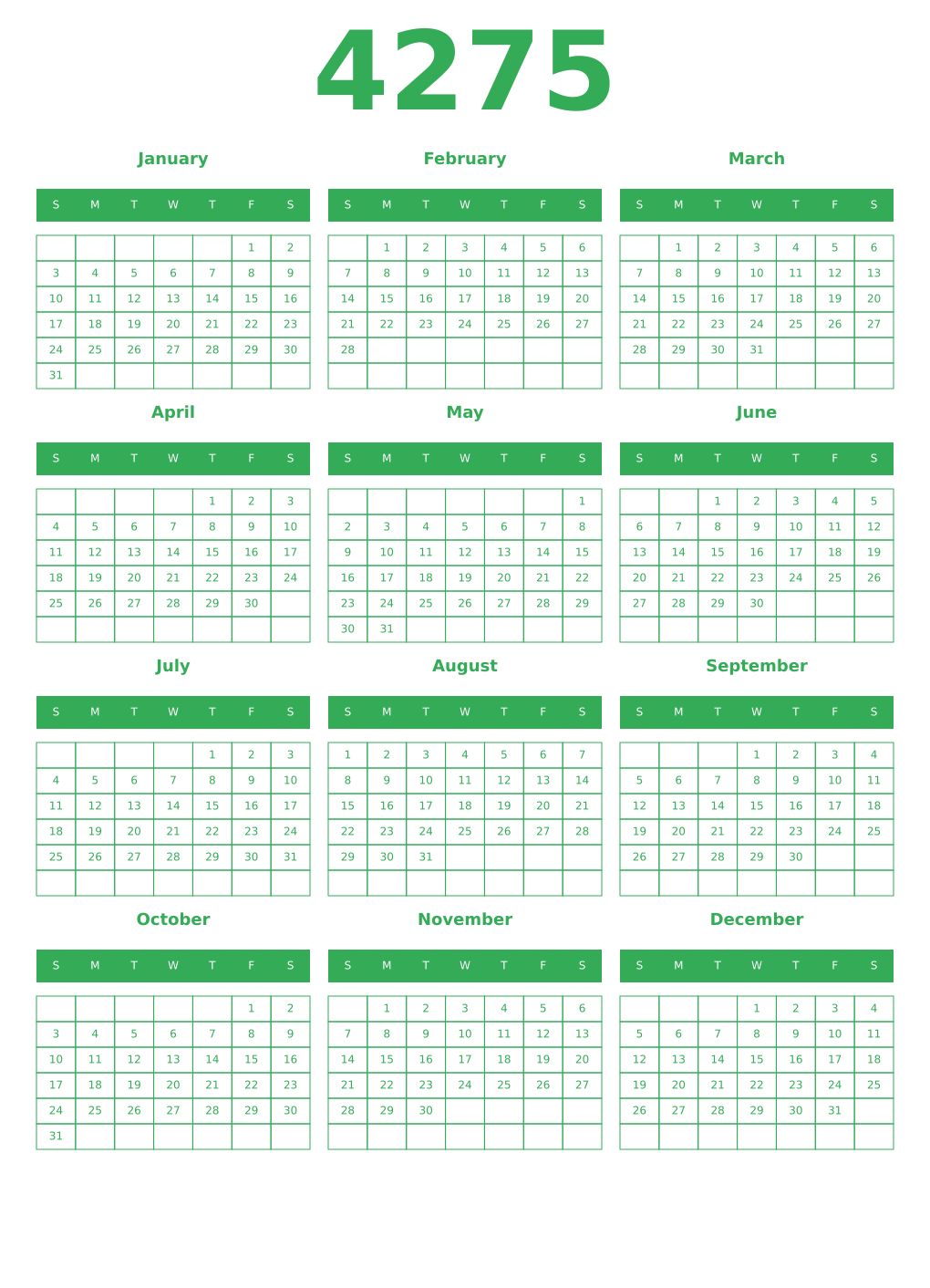 Printable 4275 Year Calendars green