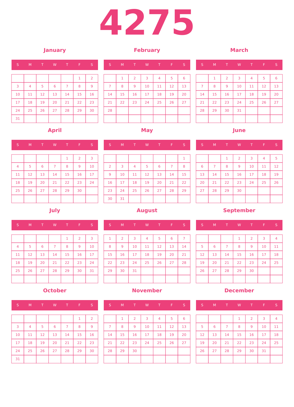 Printable 4275 Year Calendars pink
