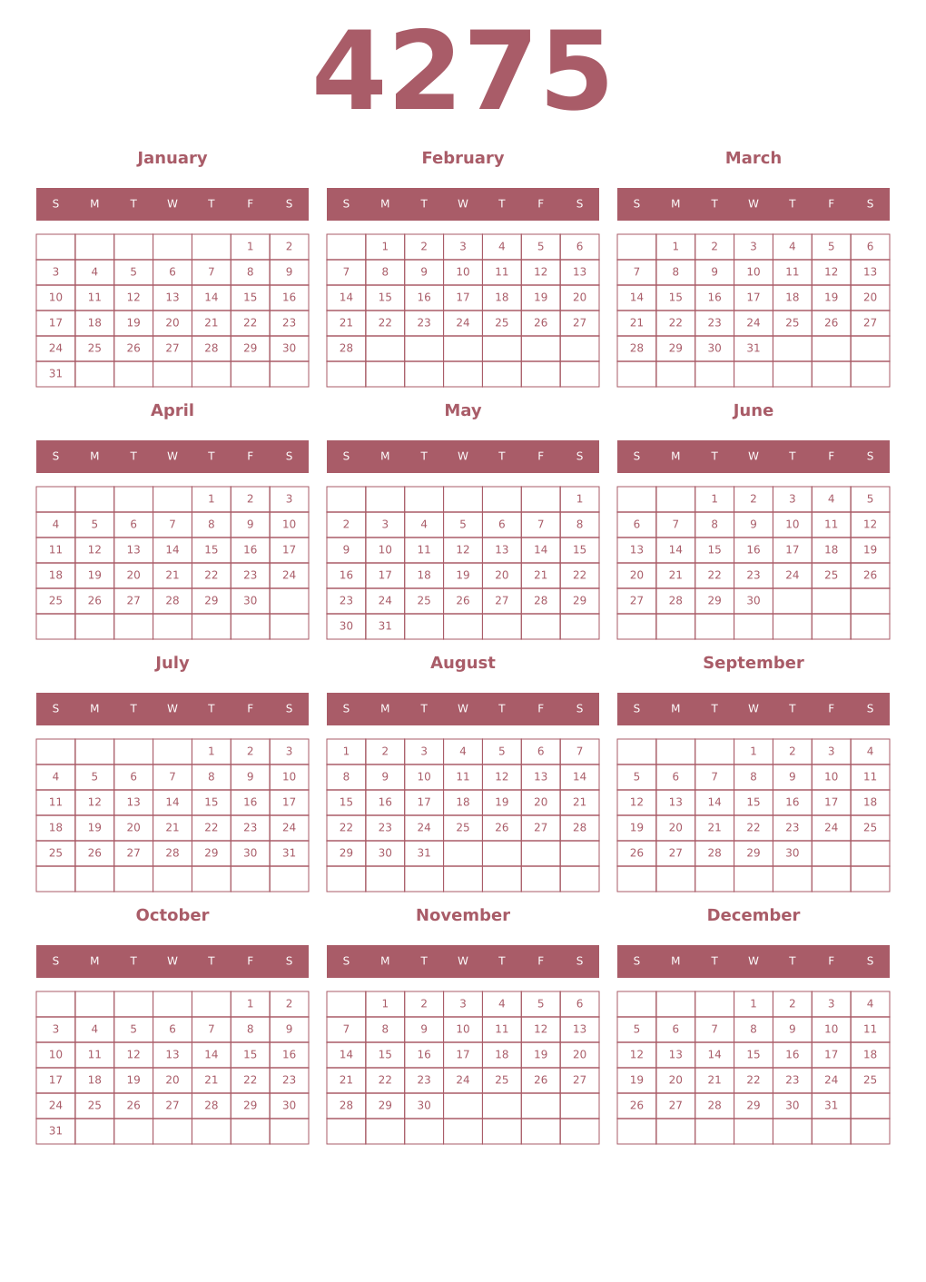 Printable 4275 Year Calendars puce