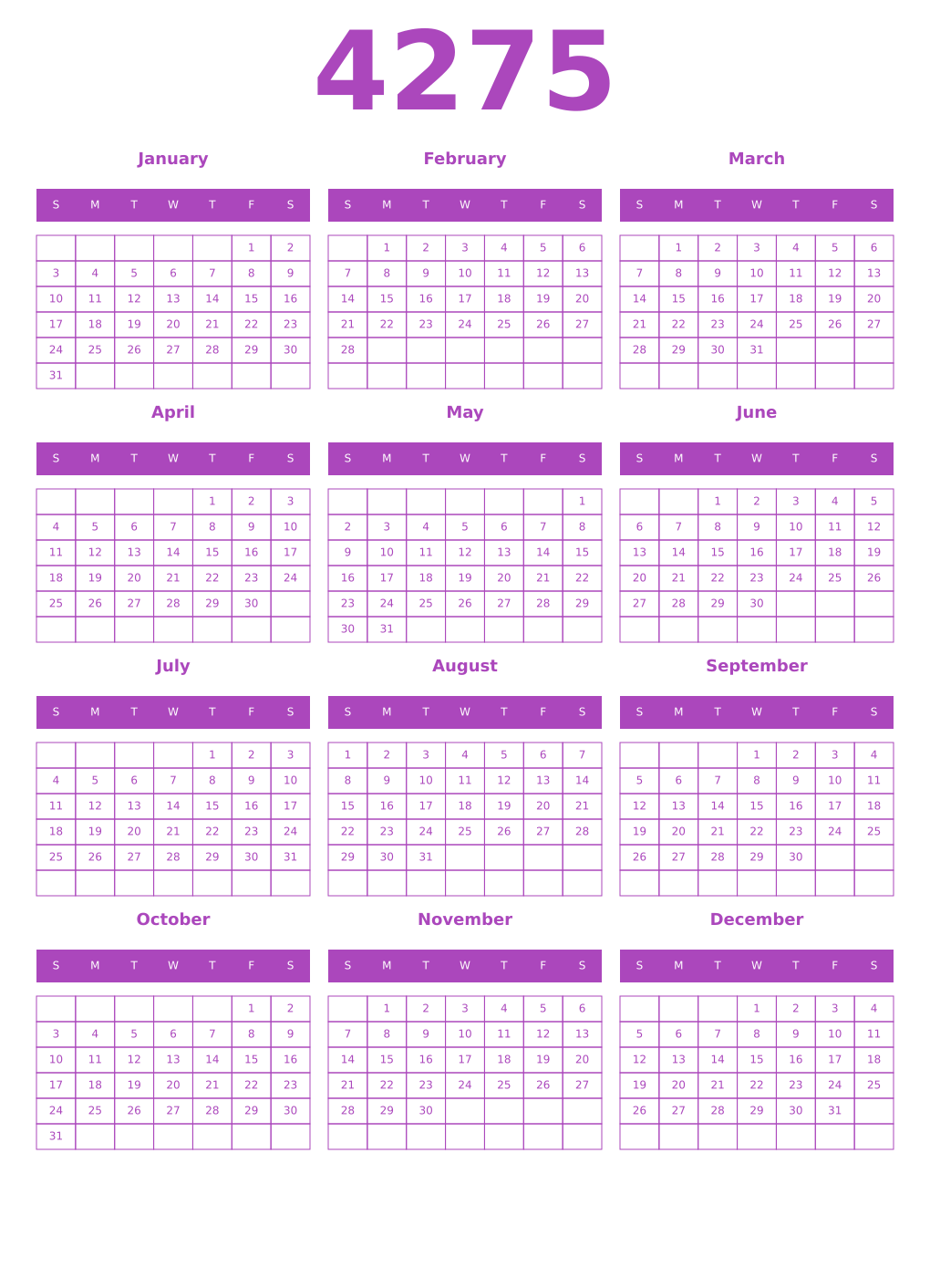 Printable 4275 Year Calendars purple