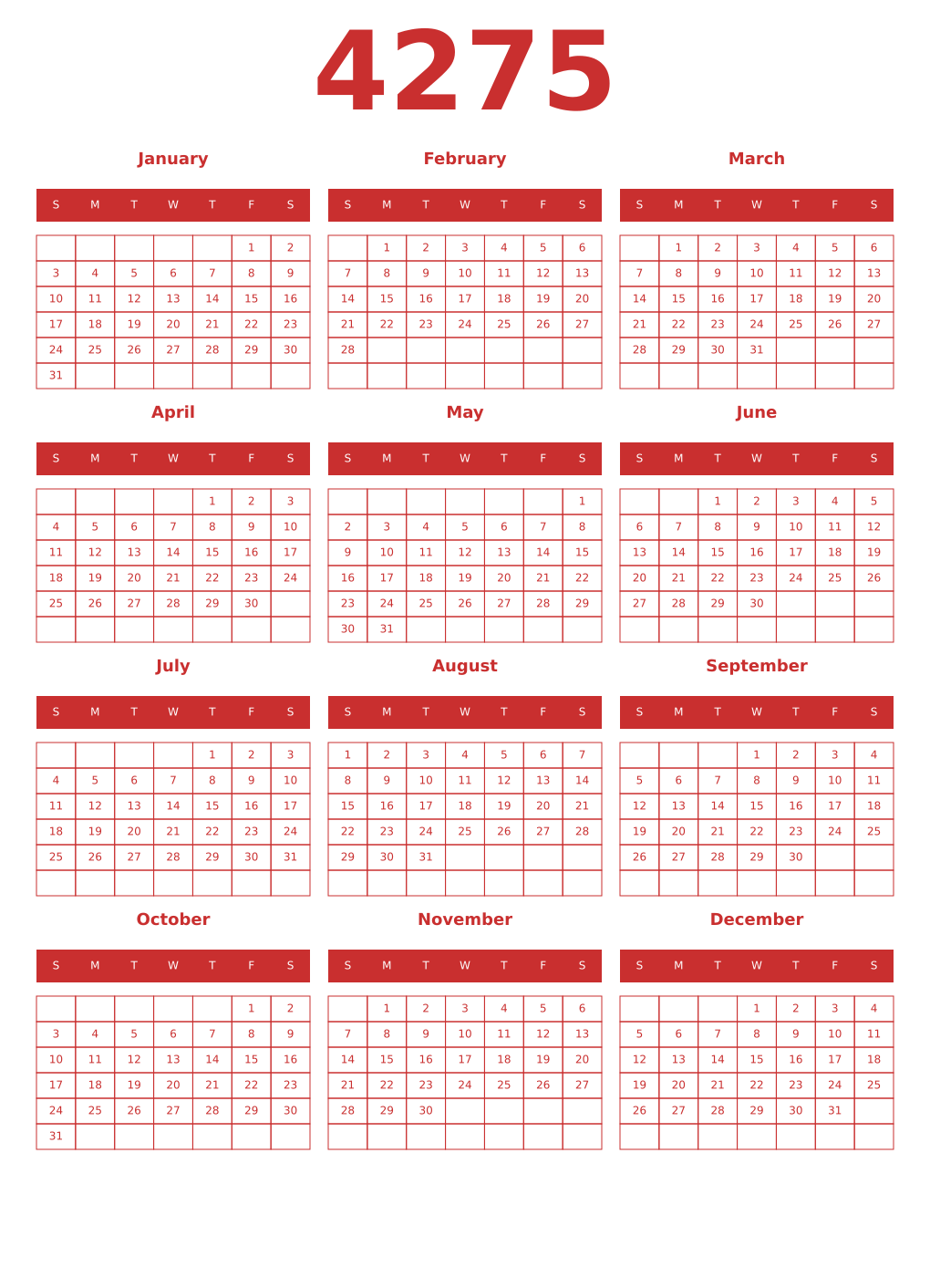 Printable 4275 Year Calendars red