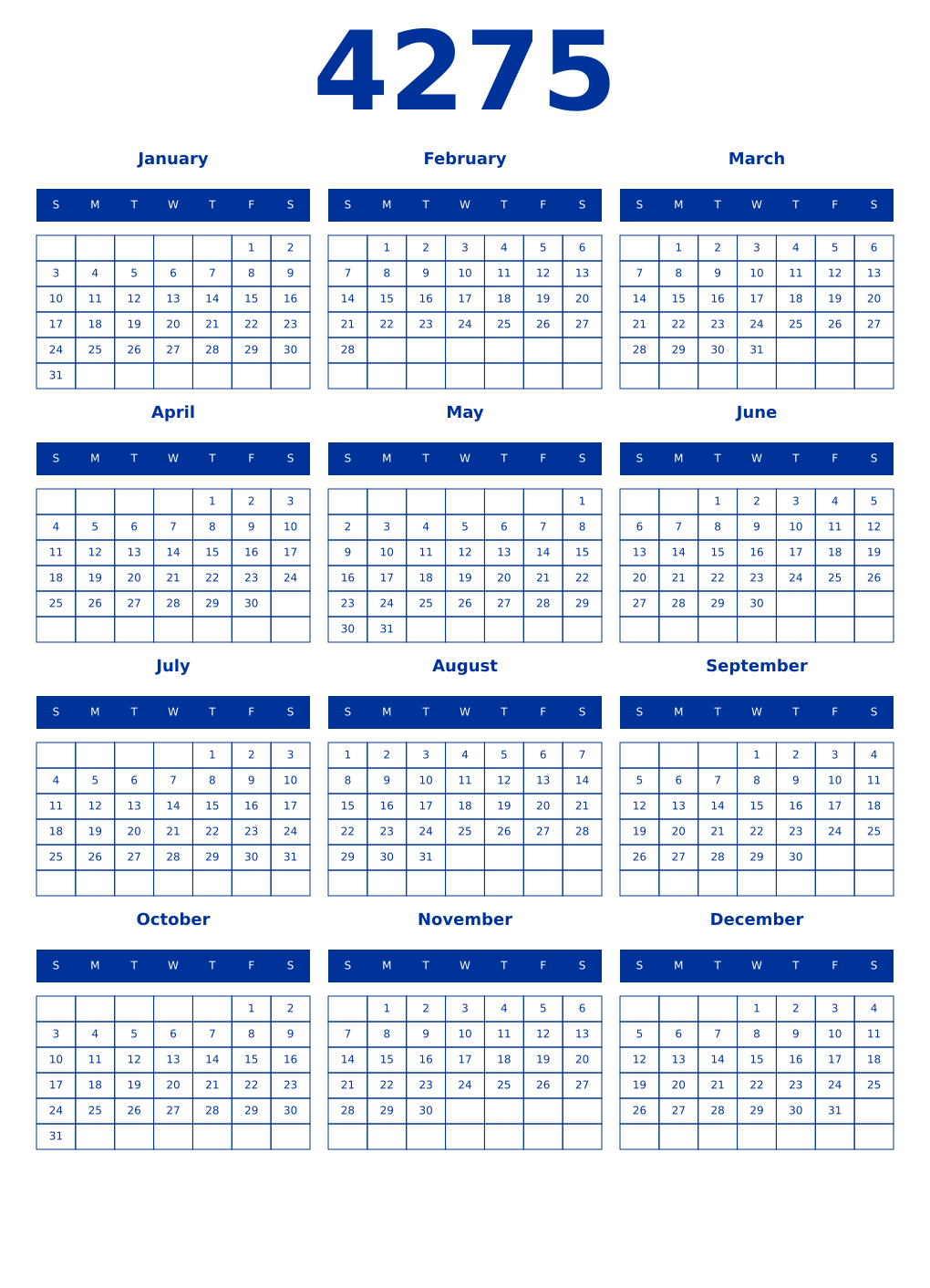 Printable 4275 Year Calendars smalt