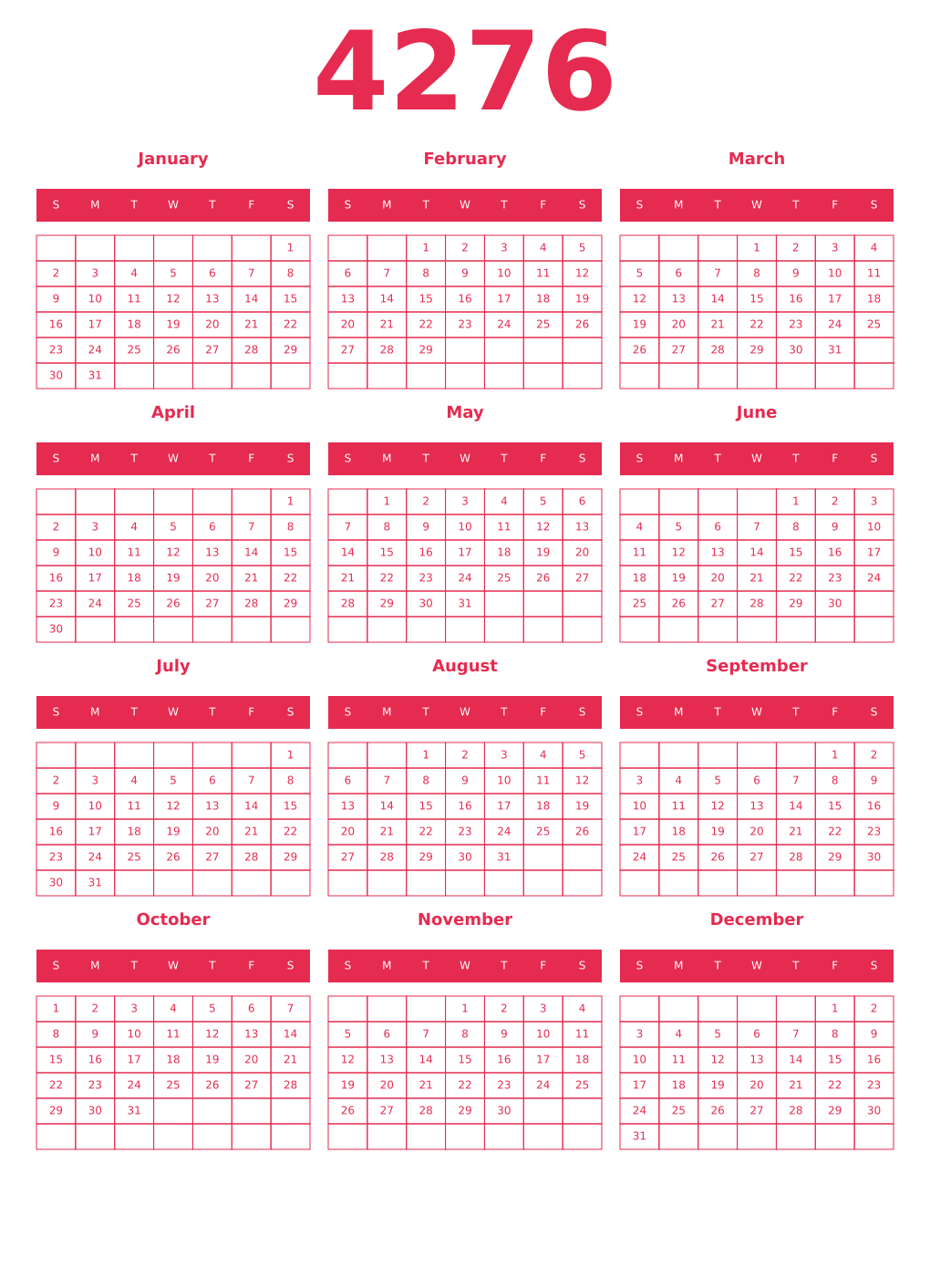 Printable 4276 Year Calendars amaranth
