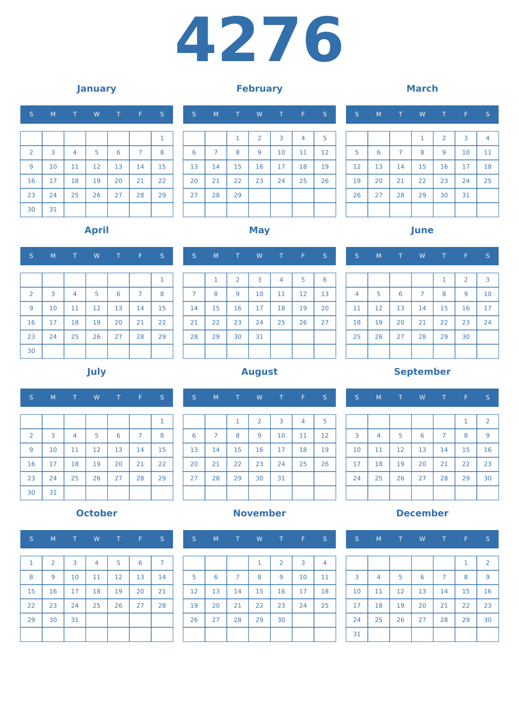Printable 4276 Year Calendars blue