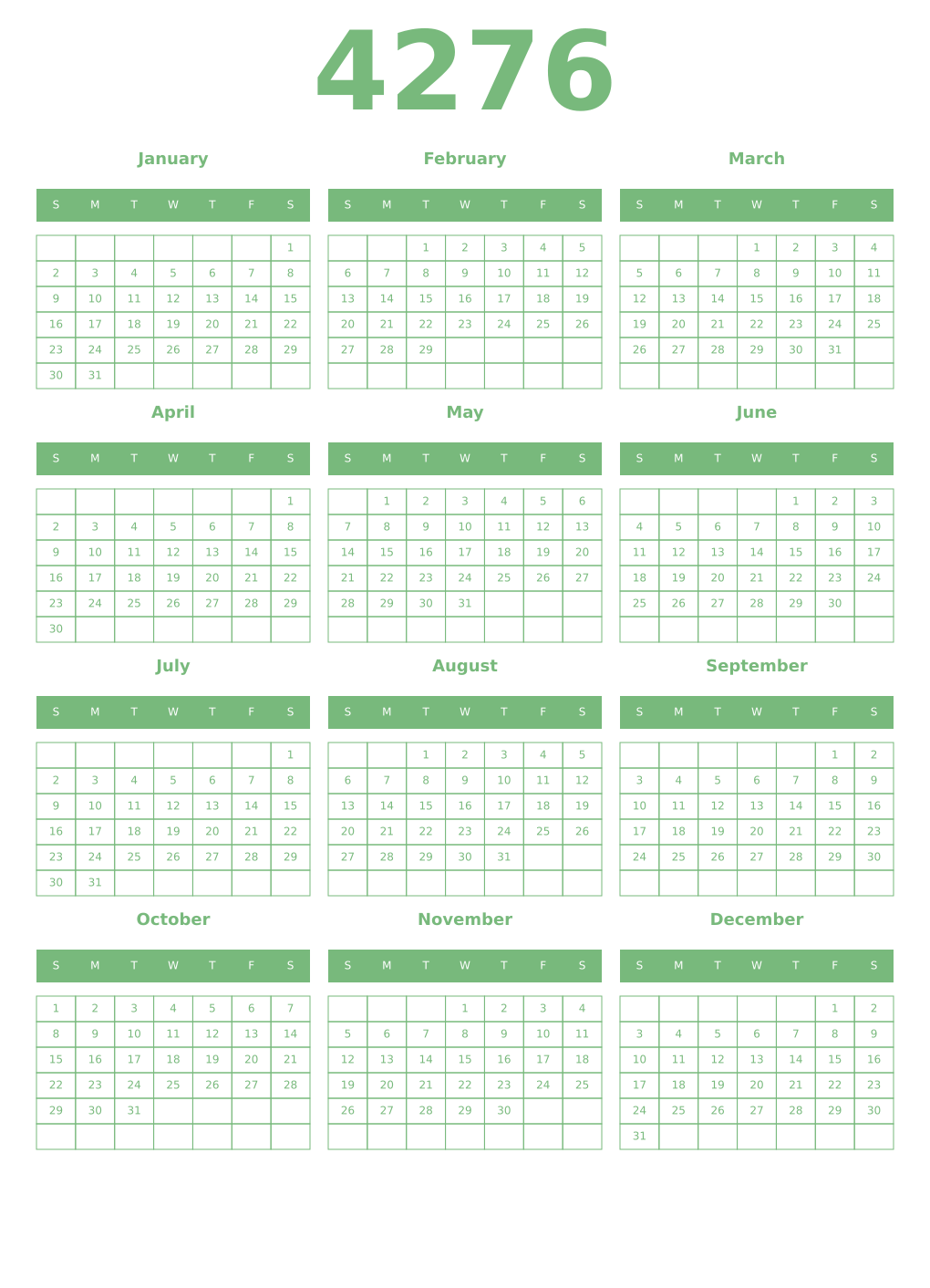 Printable 4276 Year Calendars celadon