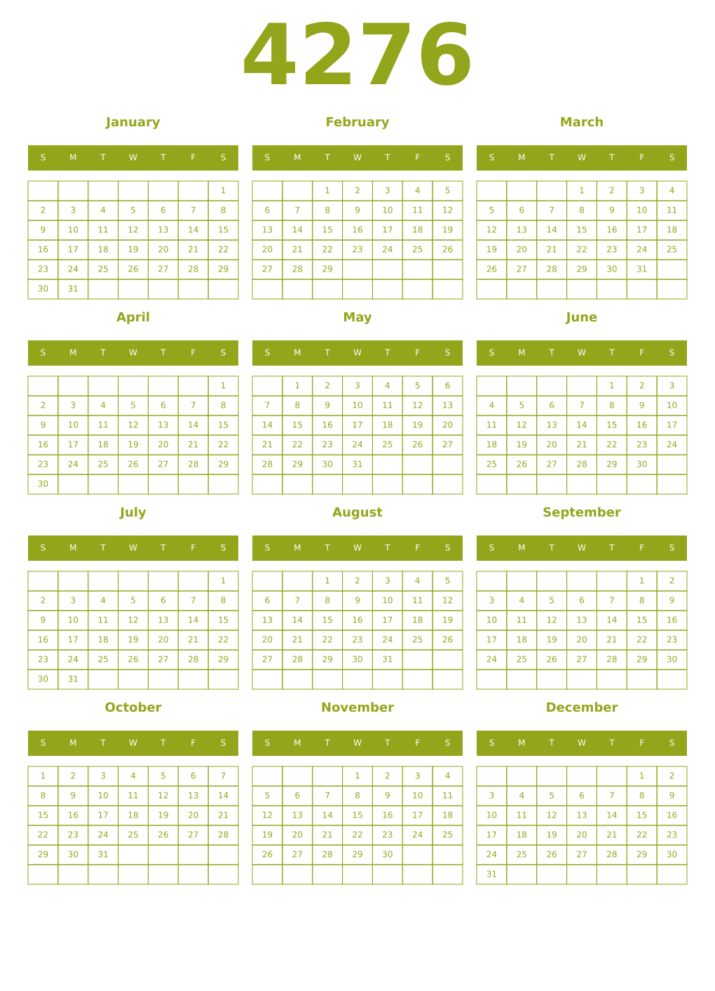 Printable 4276 Year Calendars chartreuse