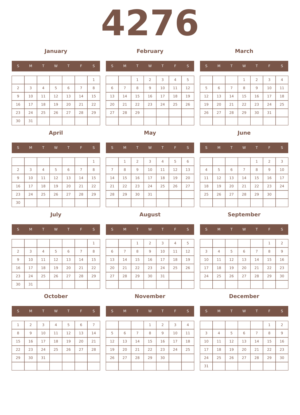 Printable 4276 Year Calendars coffe