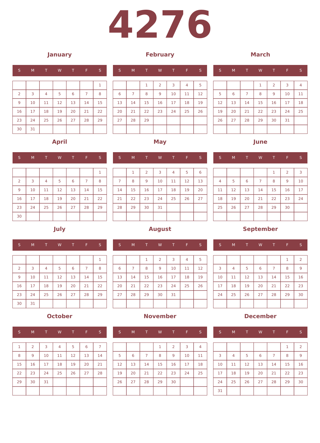 Printable 4276 Year Calendars cordovan