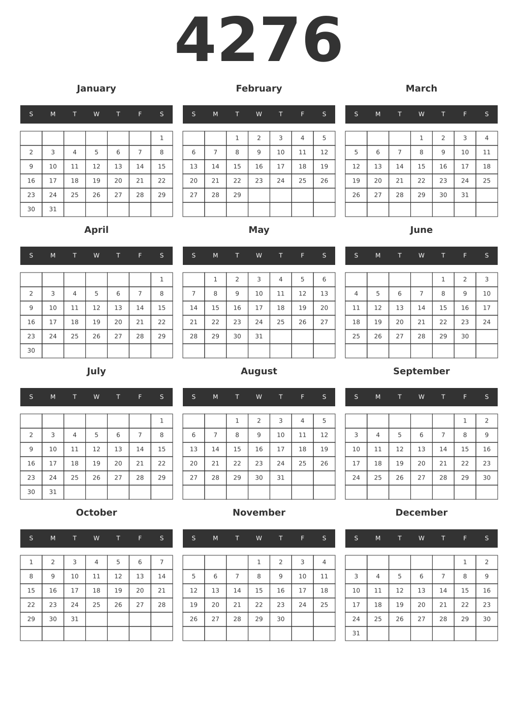 Printable 4276 Year Calendars dark