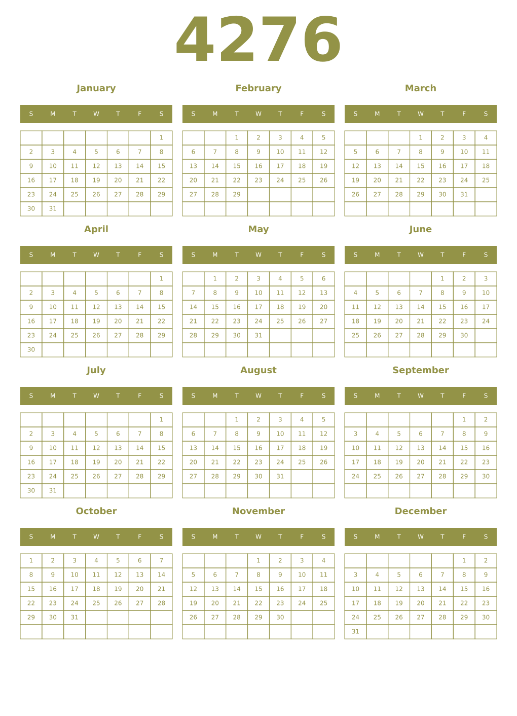 Printable 4276 Year Calendars eburnean