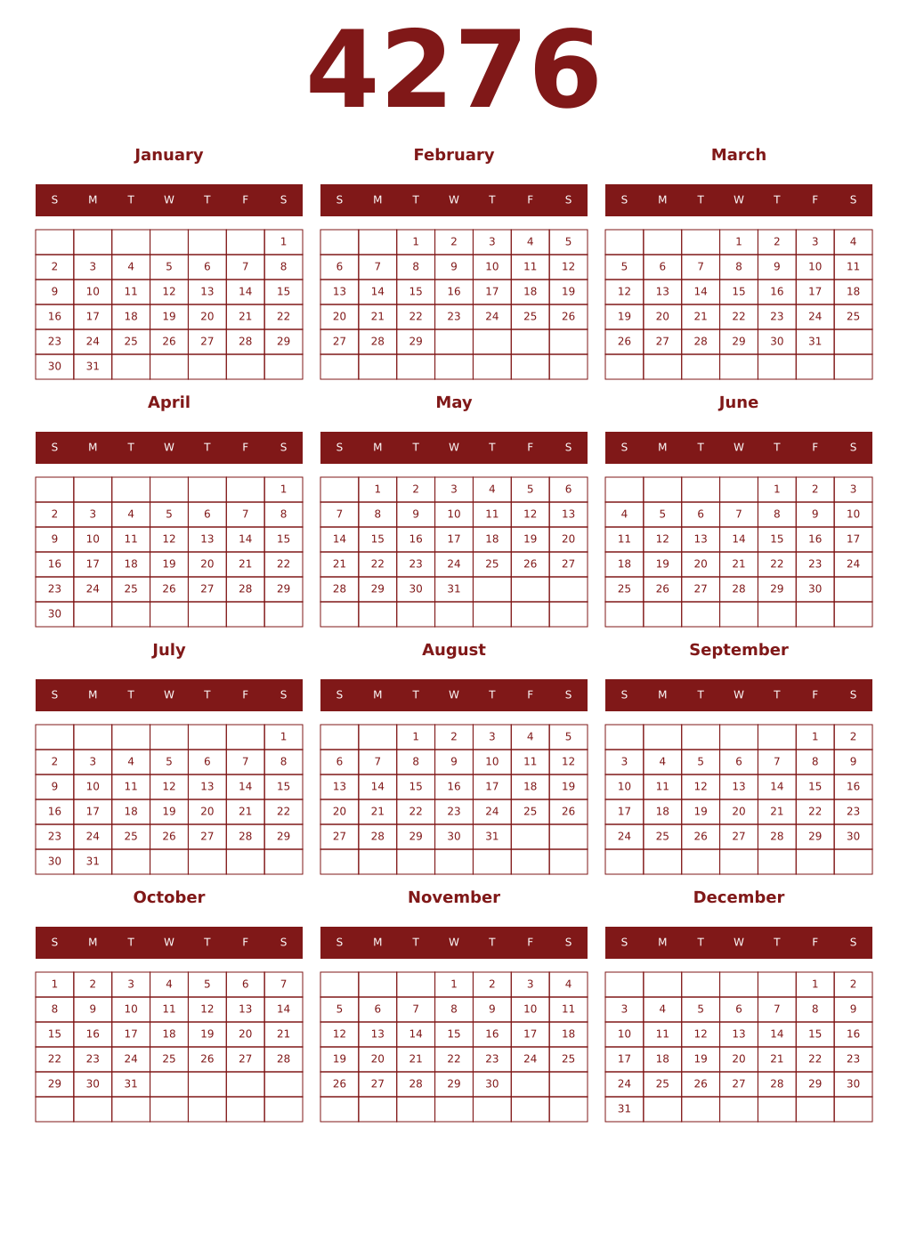 Printable 4276 Year Calendars falu
