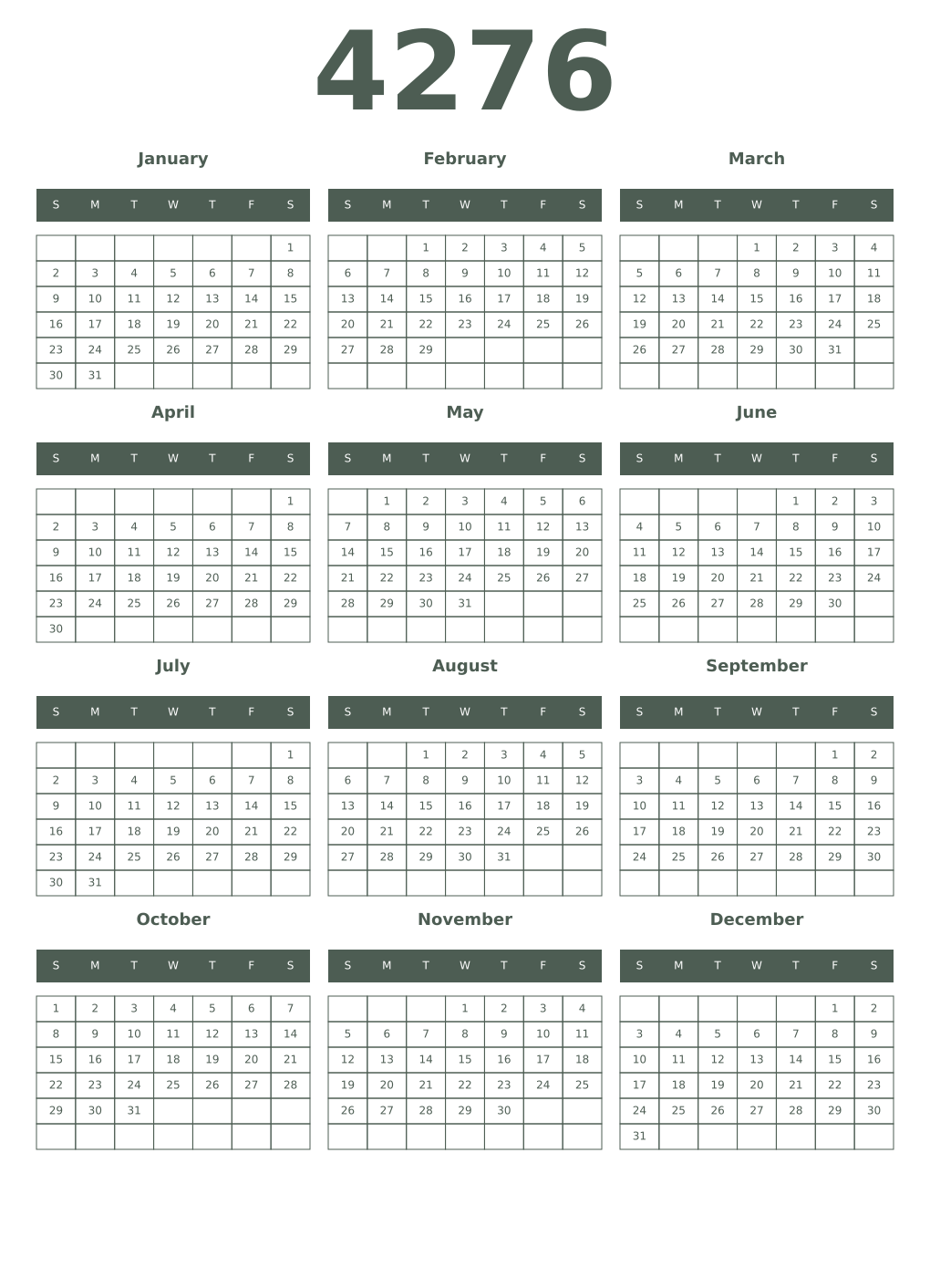 Printable 4276 Year Calendars feldgrau