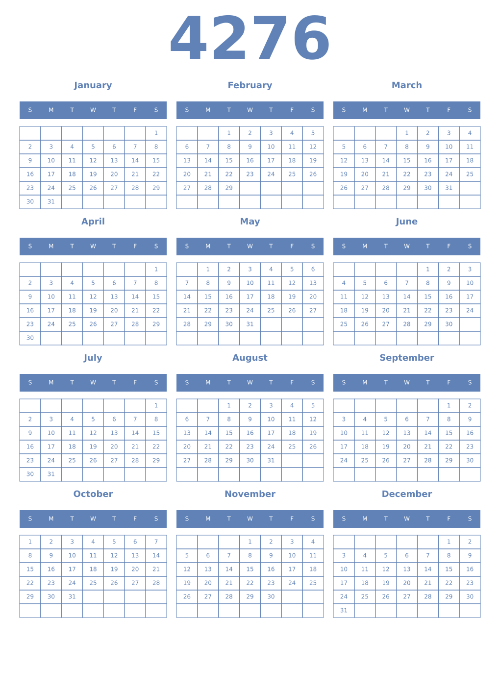 Printable 4276 Year Calendars glaucous