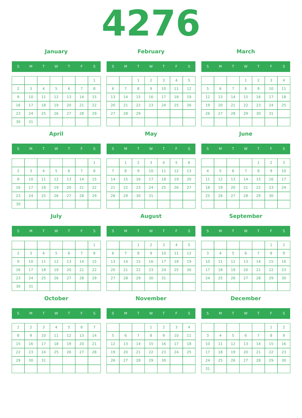 Printable 4276 Year Calendars green