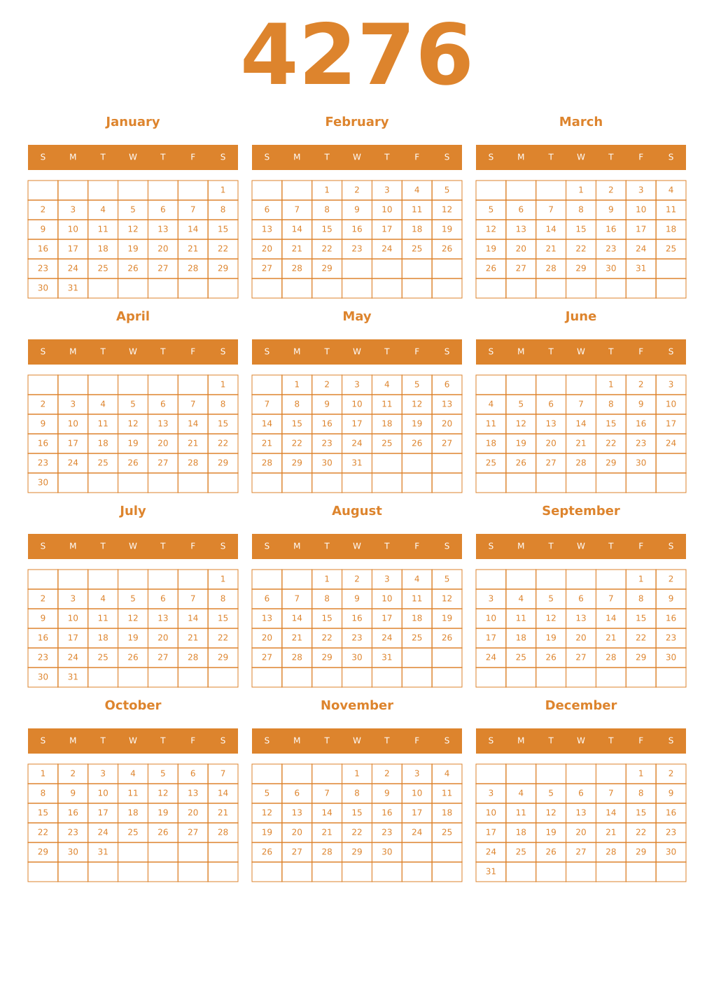 Printable 4276 Year Calendars orange