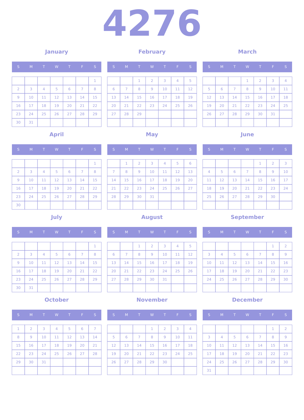 Printable 4276 Year Calendars periwinkle