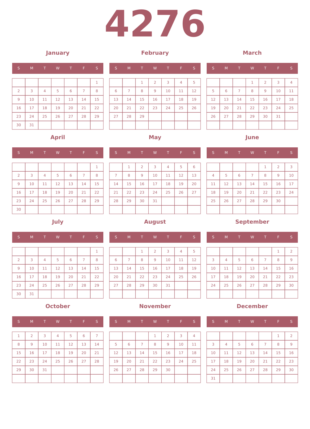 Printable 4276 Year Calendars puce