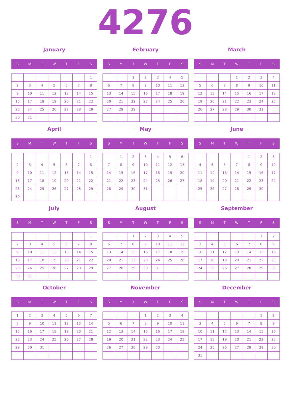 Printable 4276 Year Calendars purple