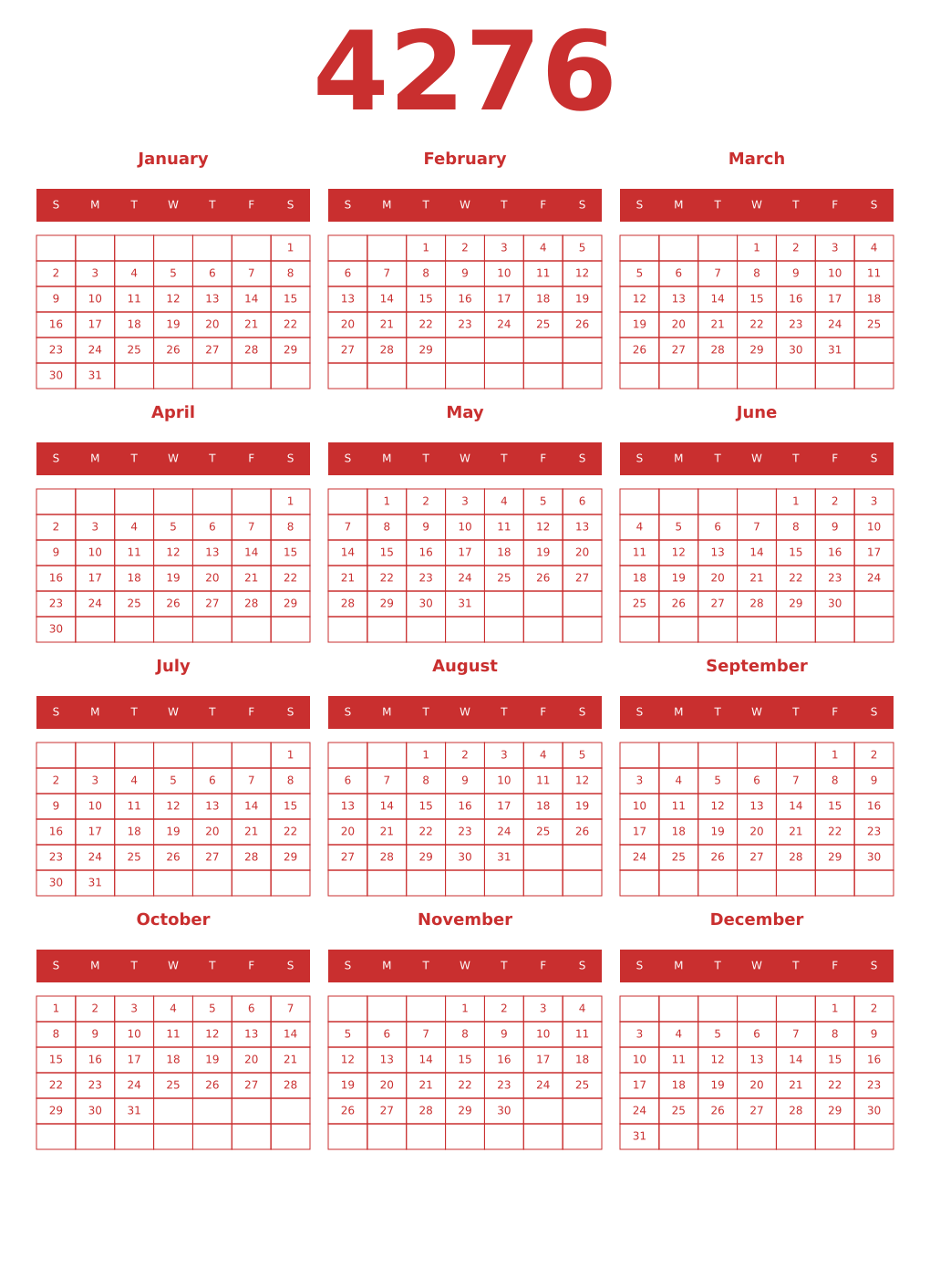 Printable 4276 Year Calendars red