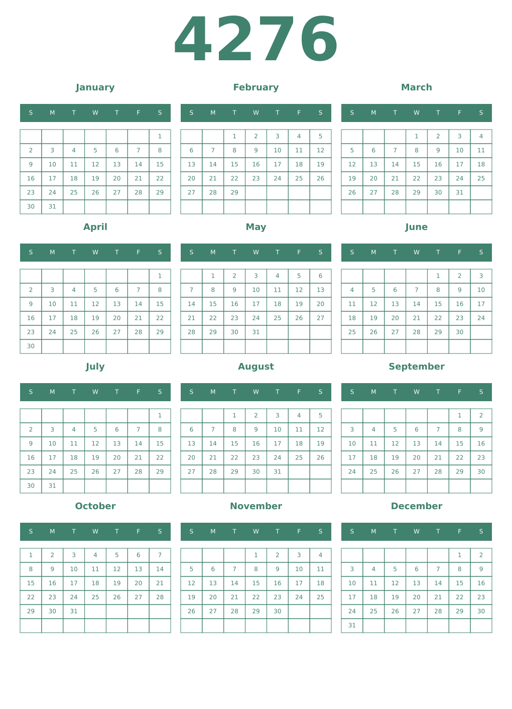 Printable 4276 Year Calendars viridian
