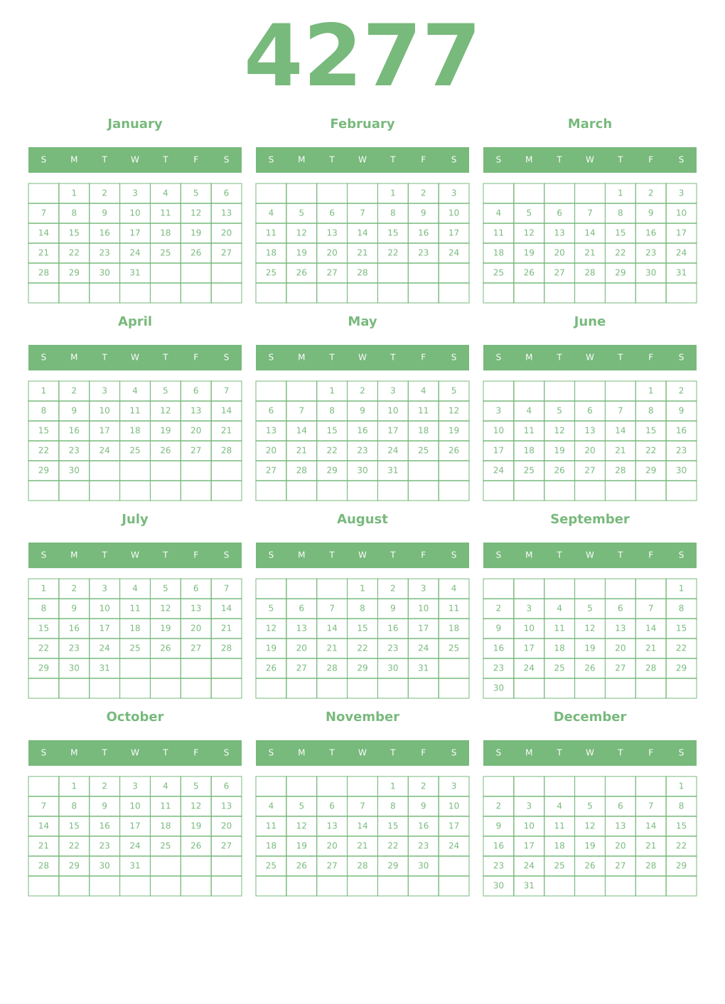 Printable 4277 Year Calendars celadon