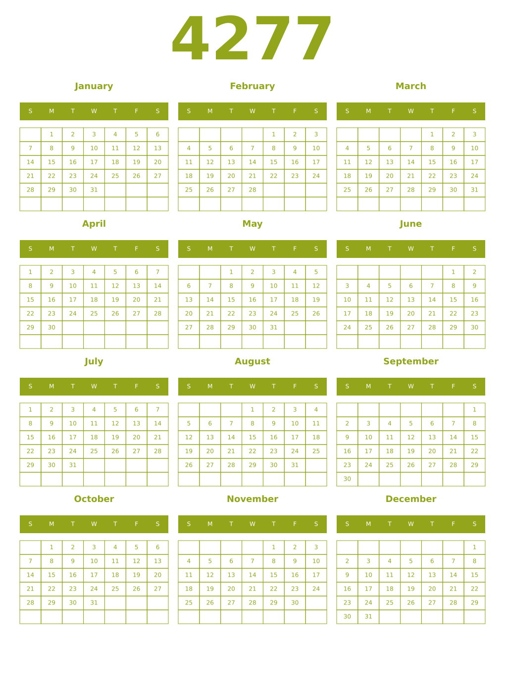 Printable 4277 Year Calendars chartreuse