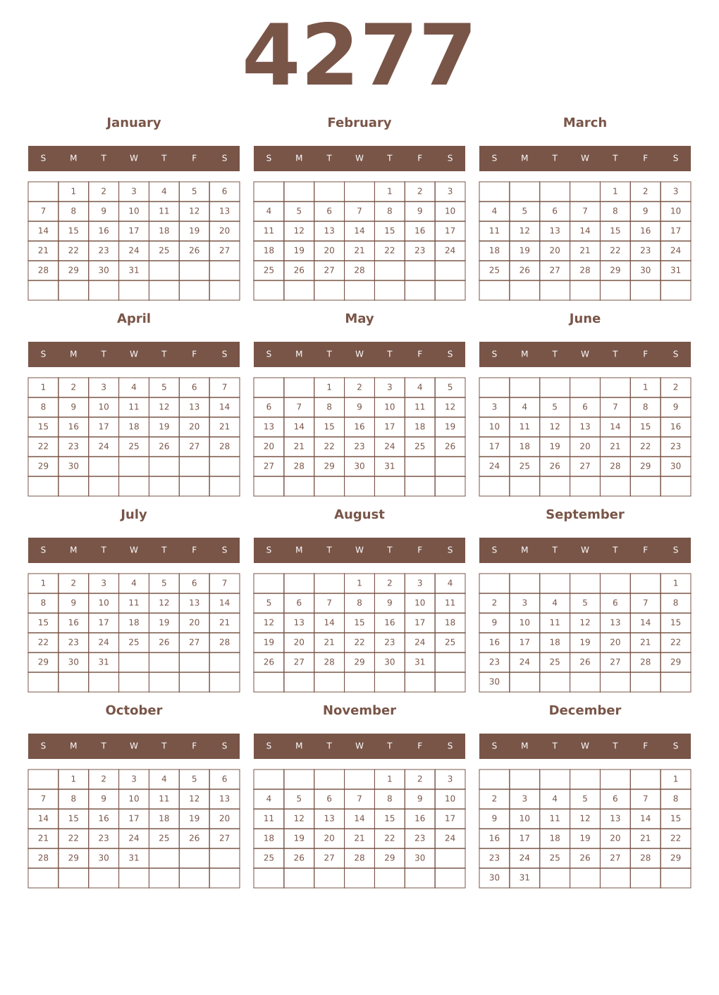 Printable 4277 Year Calendars coffe