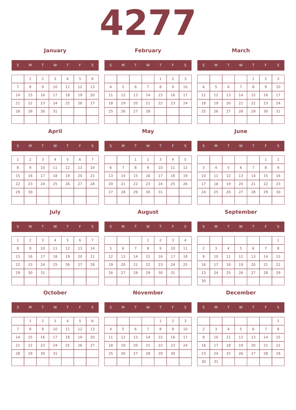 Printable 4277 Year Calendars cordovan