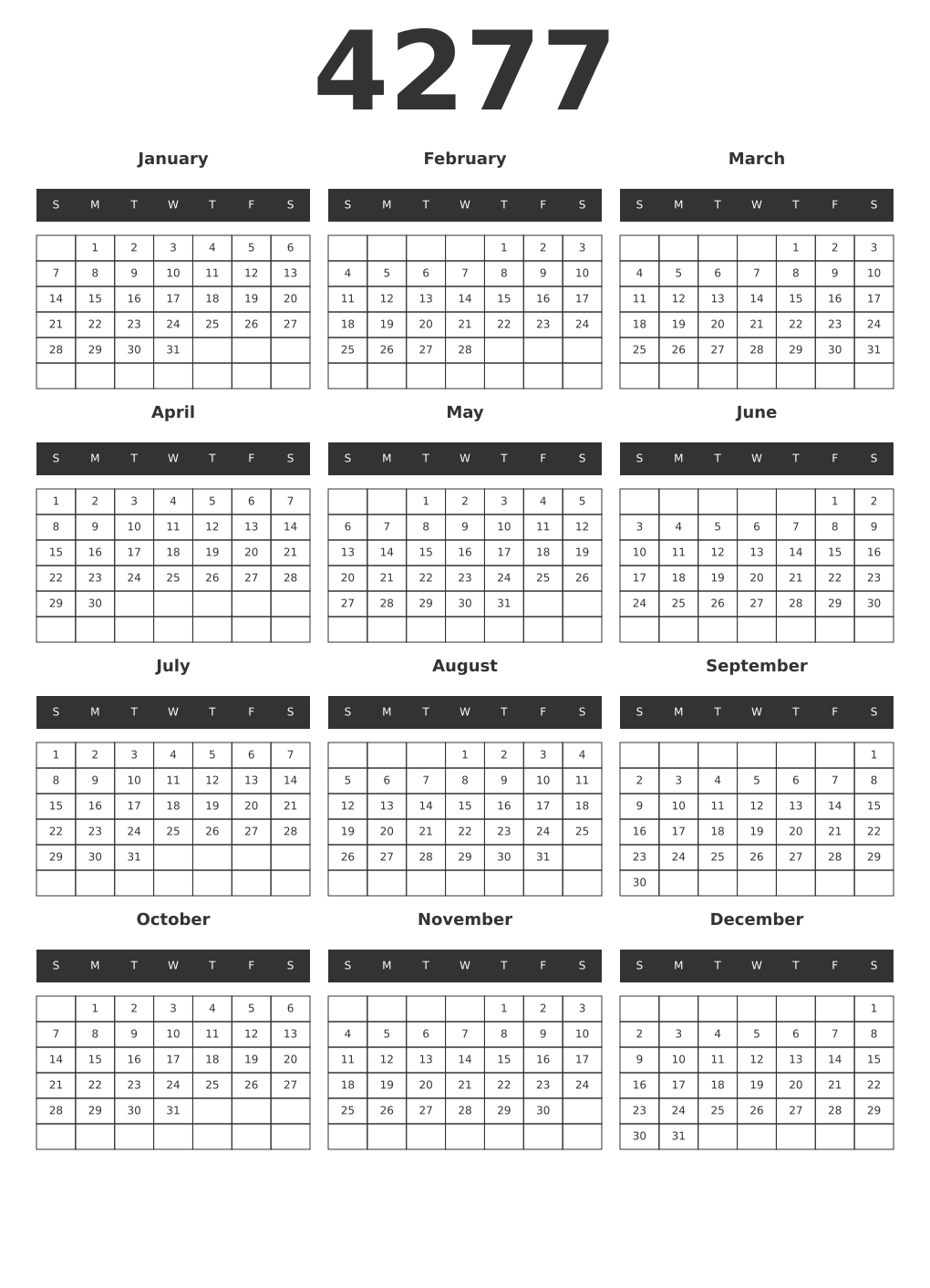 Printable 4277 Year Calendars dark