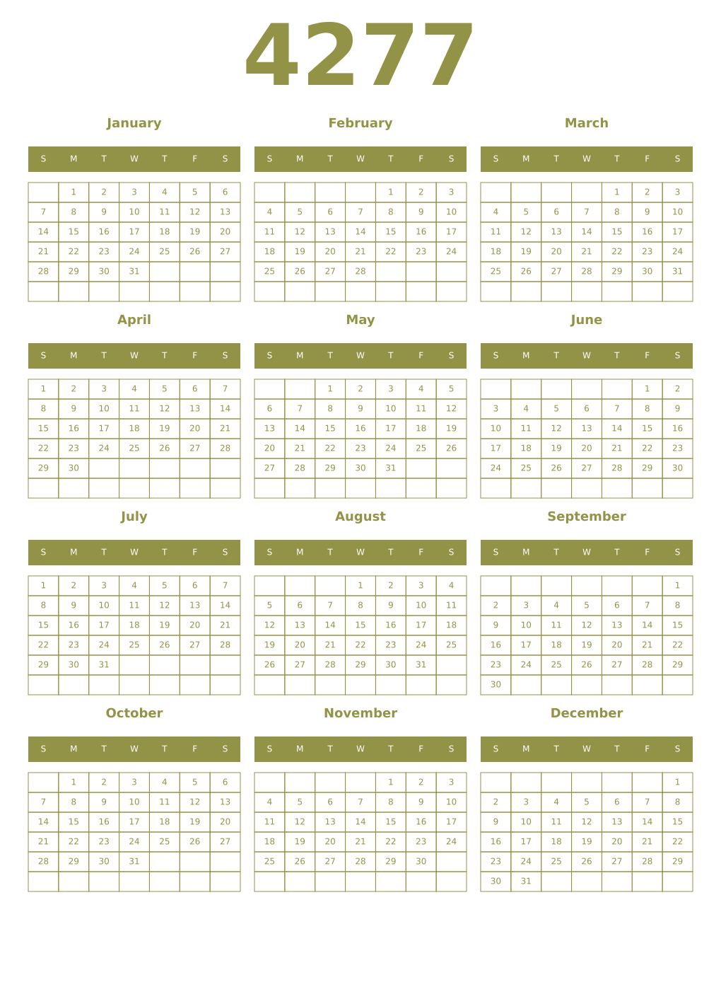Printable 4277 Year Calendars eburnean