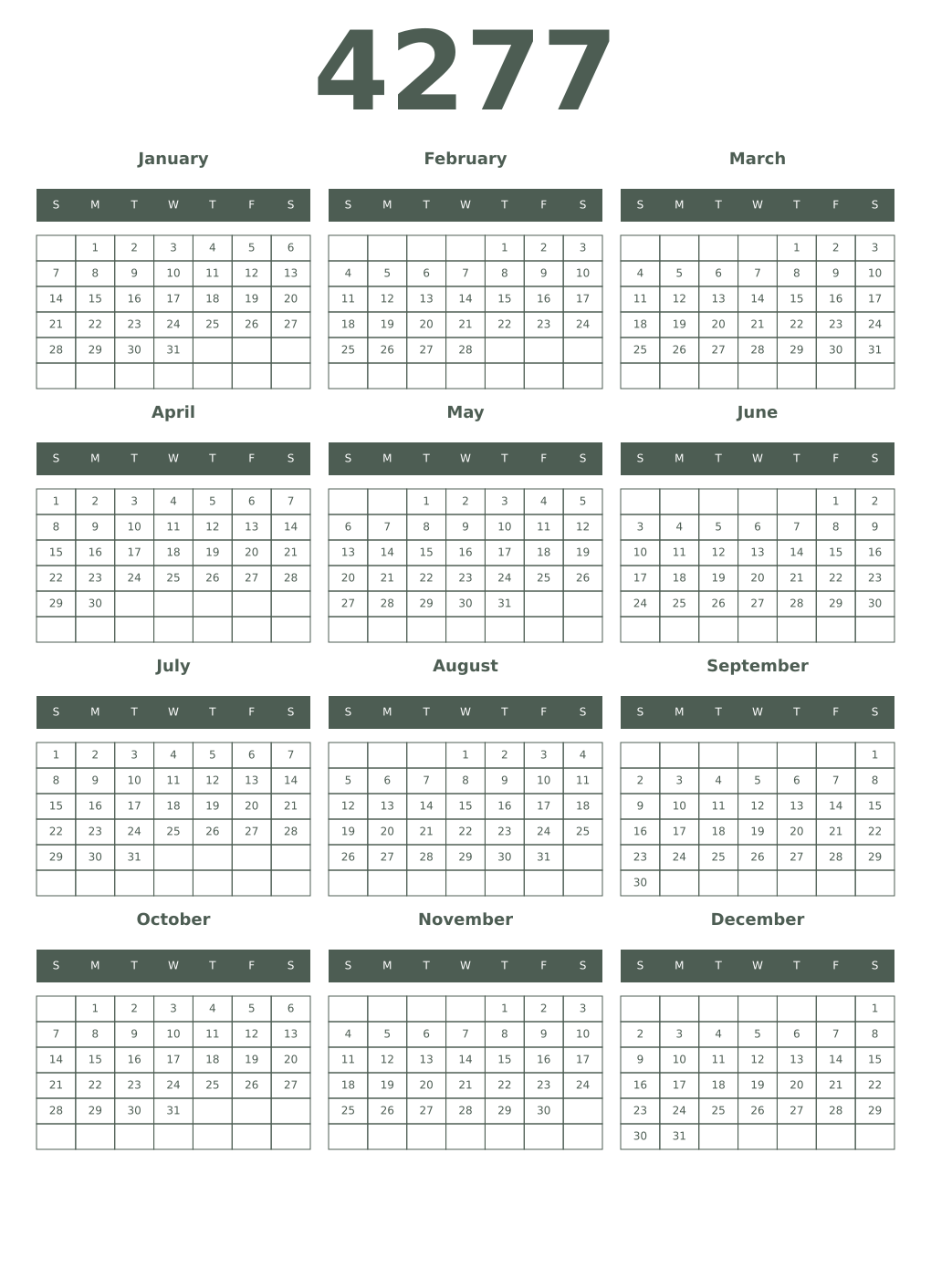 Printable 4277 Year Calendars feldgrau